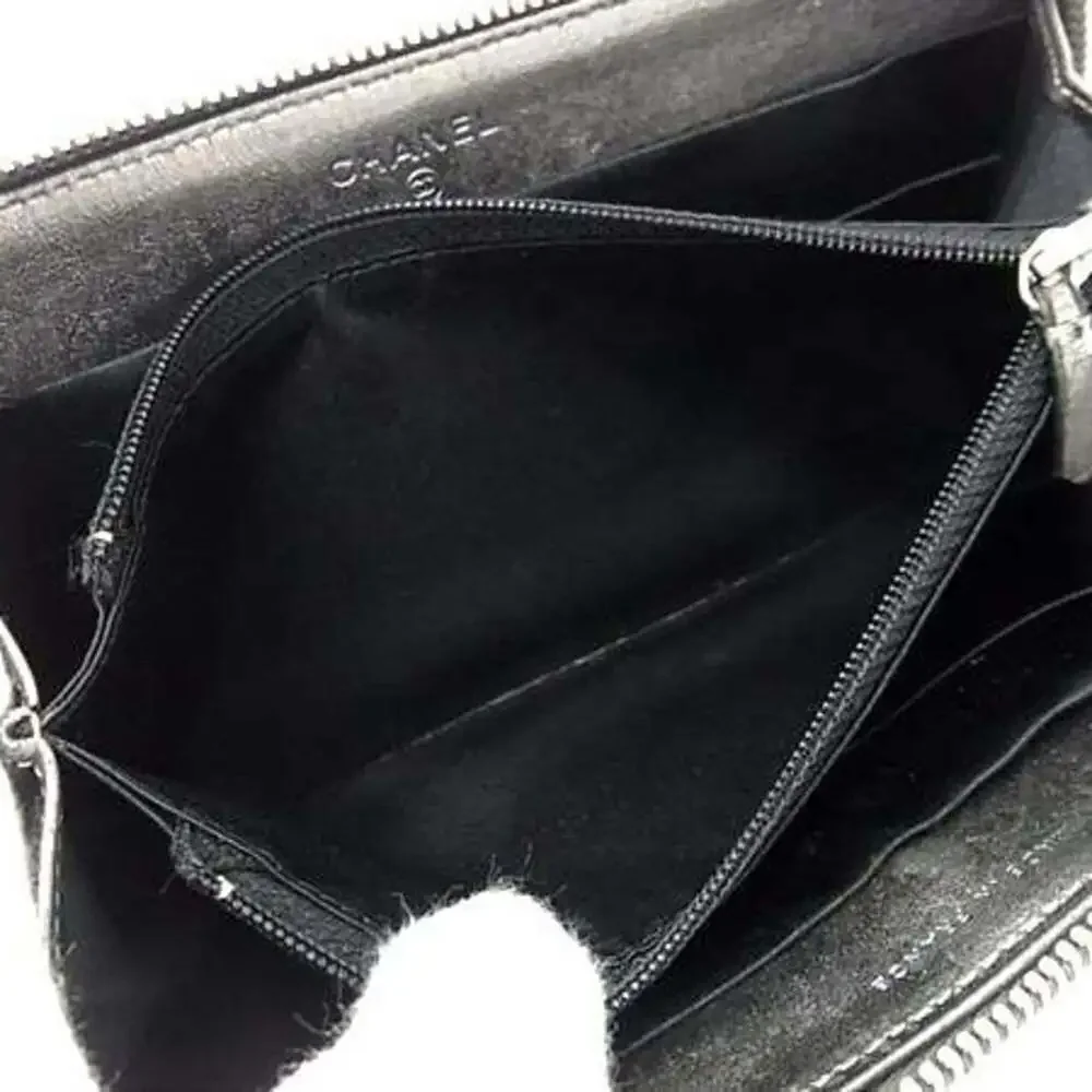 CHANEL Gray Leather Logo Wallet